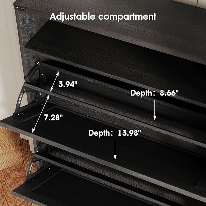 Shoe Cabinet with 2 Flip Drawers & Open Storage,Farmhouse Shoe Storage Cabinet for Entryway,Freestanding Narrow Organizer Rack with Legs,Foyer,Hallway,Black