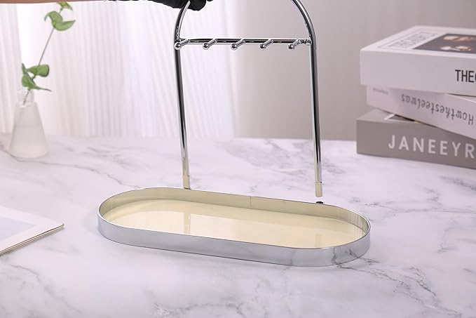Shinpuru Metal Jewelry Organizer Stand & Key Holder Tray with Acrylic Base, Key Stand and Jewelry Tray with 5 Hooks, Perfect Key Bowl, Valet Key Tray, Ring Holder, Jewelry Dish (Silver Creamy)