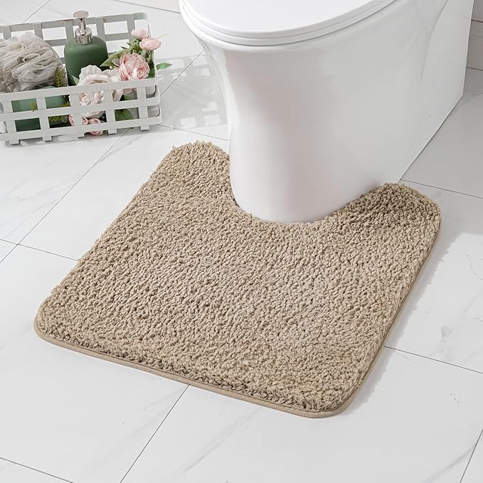 MIULEE Microfiber Toilet Bath Mat U-Shaped Contour Shaggy Bathroom Rugs Non Slip Extra Thick Soft Bath Rug Absorbent Water for Bathroom Commode Machine Washable(20x24 Inch, Tan)