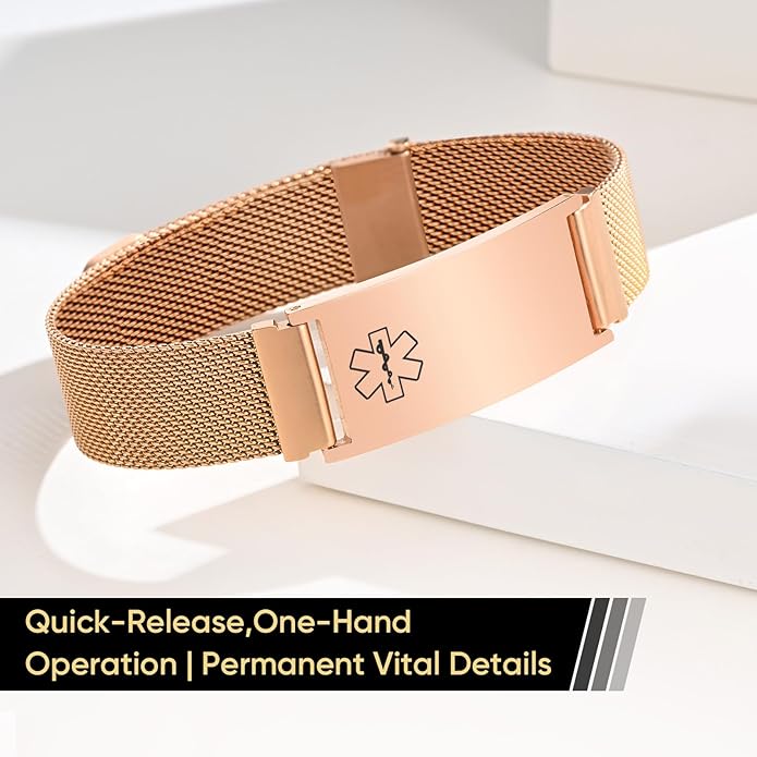 VNOX Medical Alert Id Bracelet for Men Women, Custom Engraving Adjustable Stainless Steel Customizable Mesh Emergency Survival Medic Bracelets Wristband Loop Band with Replacement Tag