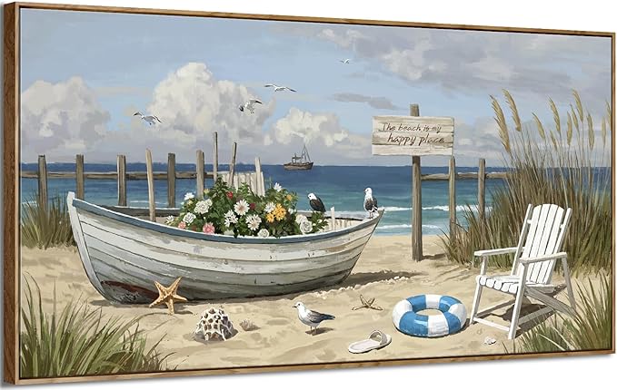 amatop Coastal Farmhouse Wall Art – Large Framed Modern Beach & Ocean Landscape Canvas Print, Nautical Elements for Living Room, Bedroom & Office Decor (58×29 Inch)