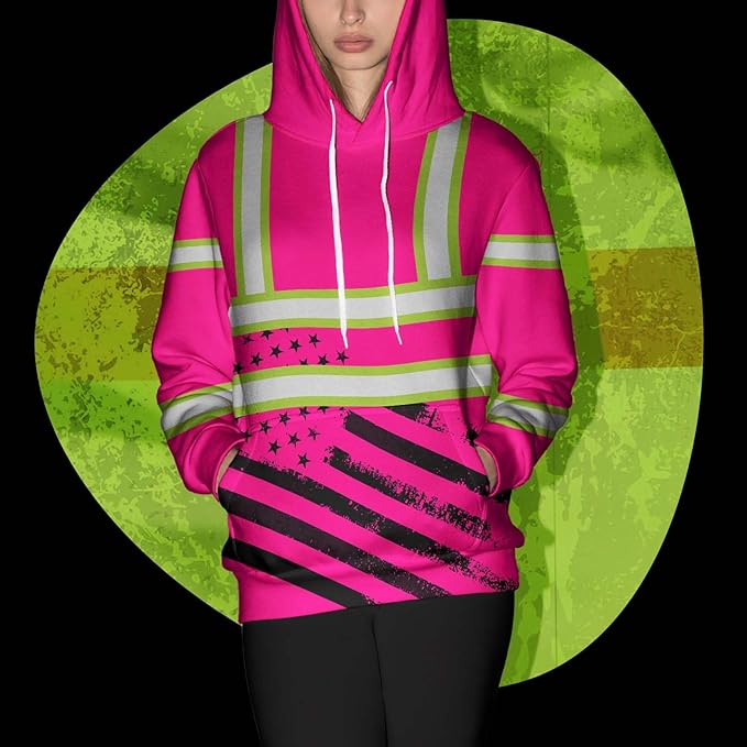 US Flag High Visibility Hoodie for Men Reflective Hoodie Safety Workwear for Worker Runner Patriotic ACC02