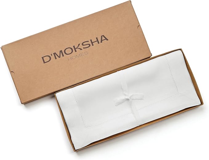 D'Moksha Homes Linen White Table Runner 132 Inches Long - 100% Pure Linen Extra Long Table Runner 14 x 132 Inch for Valentines, Spring, Easter - Classic Hemstitch