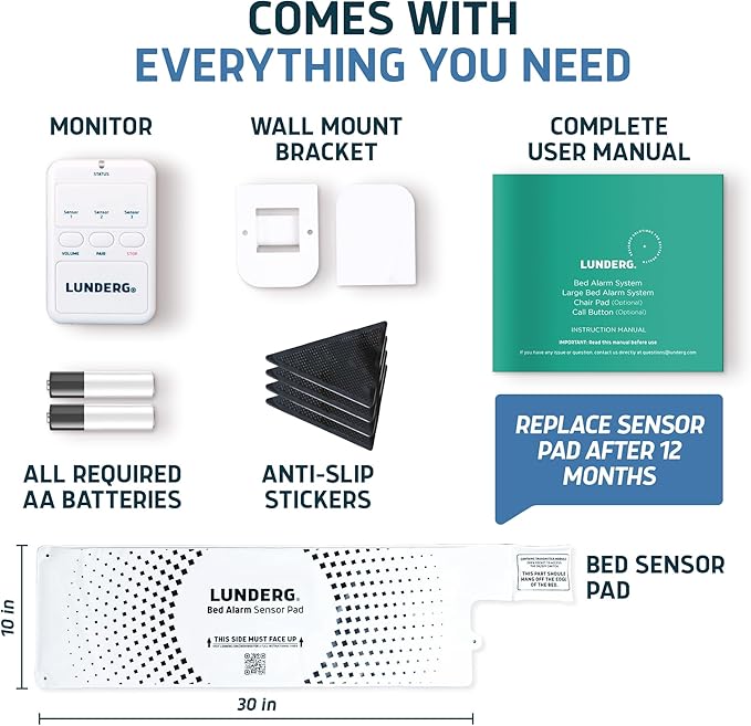 Lunderg Bed Alarm for Elderly Adults - Wireless Sensor Pad (10” x 30”) & Pager - Bed Alarms and Fall Prevention for Elderly and Dementia Patients
