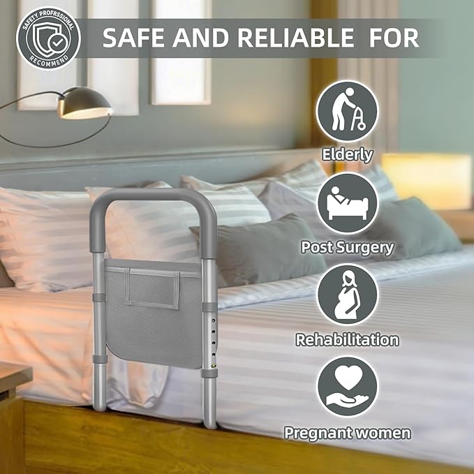 Bed Rails for Elderly Adults Safety: Adjustable Bed Assist Rails for Seniors & Patients with Storage Bag - Bedside Rail Handle Support Bar Bed Guard Rails - Fits King Queen Full Twin Medium
