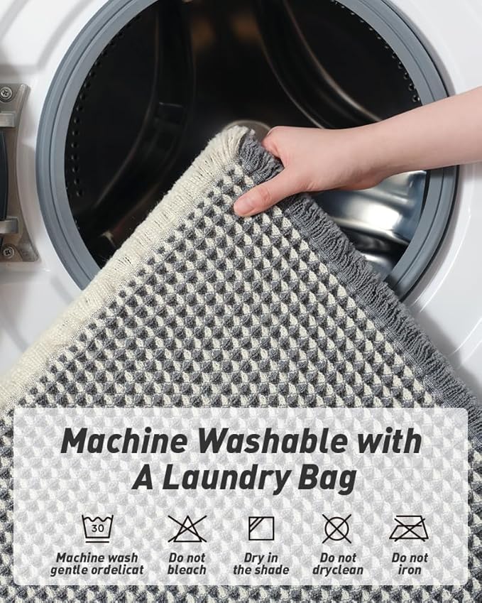 Upgraded Waffle Bath Mat, Super Absorbent Non Slip Bath Mats for Bathroom Floor, Machine Washable Bathroom Rugs with Tassels, Rubber Backed Bathroom Mats, Ultra Soft, 20" x 32",DarkGrey & Cream