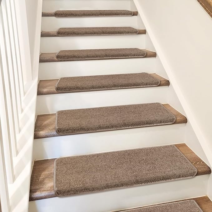 PURE ERA Bullnose Carpet Stair Treads Set Tape Free Non-Slip Indoor Stair Protectors Pet Friendly Rugs Covers Soft Skid Resistant Washable Reusable 9.5" x 30"(2 Pieces, Camel Brown)