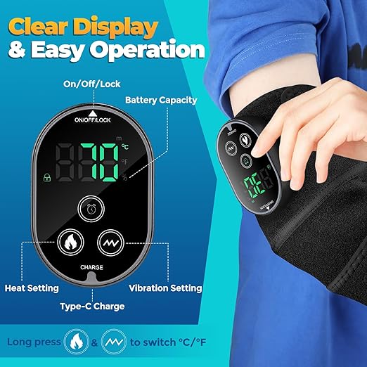 Cordless Heated Knee Massager with Vibration, FSA Eligible, Heated Knee Brace Wrap Heating Shoulder Brace Support Wrap for Knee Elbow, Heating Pad with 6 Heating Levels, 3 Massage Modes&Timer (Black)