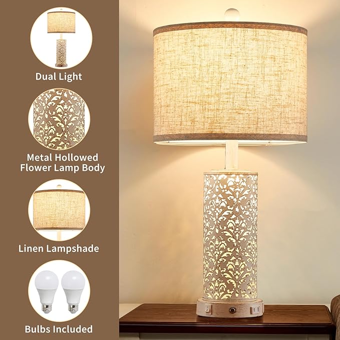 26" Farmhouse Table Lamp Dual Light, 3-Way Dimmable Touch Lamps, Rustic Nightstand Bedside Lamps with 2 USB Ports + AC Outlet, Modern Nightlight for Living Room Bedroom and Nightstand