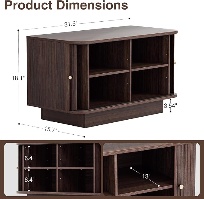 63" W Small Shoe Storage Bench, Shoe Bench Entryway with Sliding Doors and Adjustable Shelvs, Wooden Low Cabinet for Hallway, Living Room, Bedroom, Apartment, Dorm, Mudroom, Garage, Walnut, 2PCS