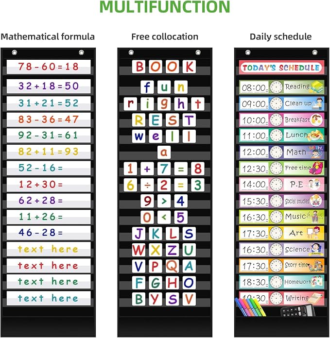 REGELETO 15+1 Pockets Daily Schedule Pocket Chart with 30 Pcs Double-Sided Reusable Cards, Scheduling Pocket Chart for Classroom Office Home School Activity(Black)