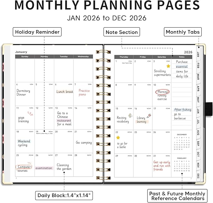 AHGXG 2026 Planner, Weekly and Monthly Planner for Women, Jan 2026 - Dec 2026, Medium Size (5.7" x 8.3"), Calendar 2026, Hardcover with Monthly Tabs, Spiral-Bound, 100 GSM Thick Paper, Black Star
