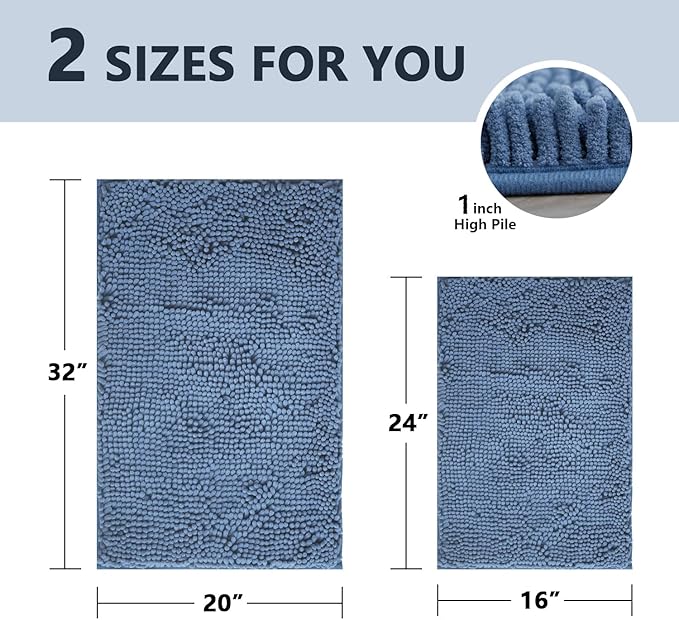 BOANKODU Bathroom Rugs Sets 2 Piece, Extra Soft Chenille Bath Mat Absorbent Bathroom Rug, Bathroom Mat with PVC Non-Slip Bottom, Machine Washable Bath Rugs (32x20 Inch + 24x16 Inch, Deep Blue)