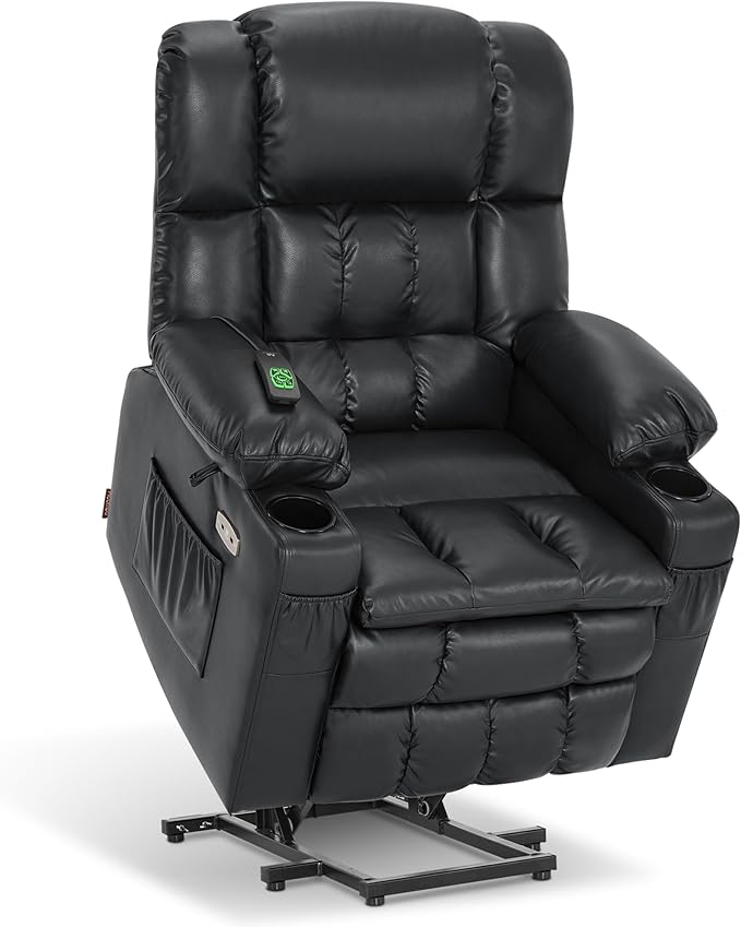 MCombo Dual Motor Large Power Lift Recliner Chair for Elderly, Lay Flat Lift Chair with Heat and Massage, Big Lift Recliner for Tall People, Faux Leather 7896 (Black, Large)
