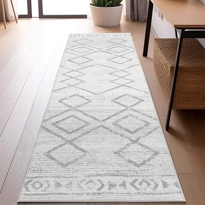 jinchan Moroccan Runner Rug 2x6 - Kitchen Machine Washable Runner Rug Modern Geometric Soft Low-Pile Lightweight Non-Slip Carpet for Entryway Hallway Laundry Room Bedroom Farmhouse (2x6ft, Grey)
