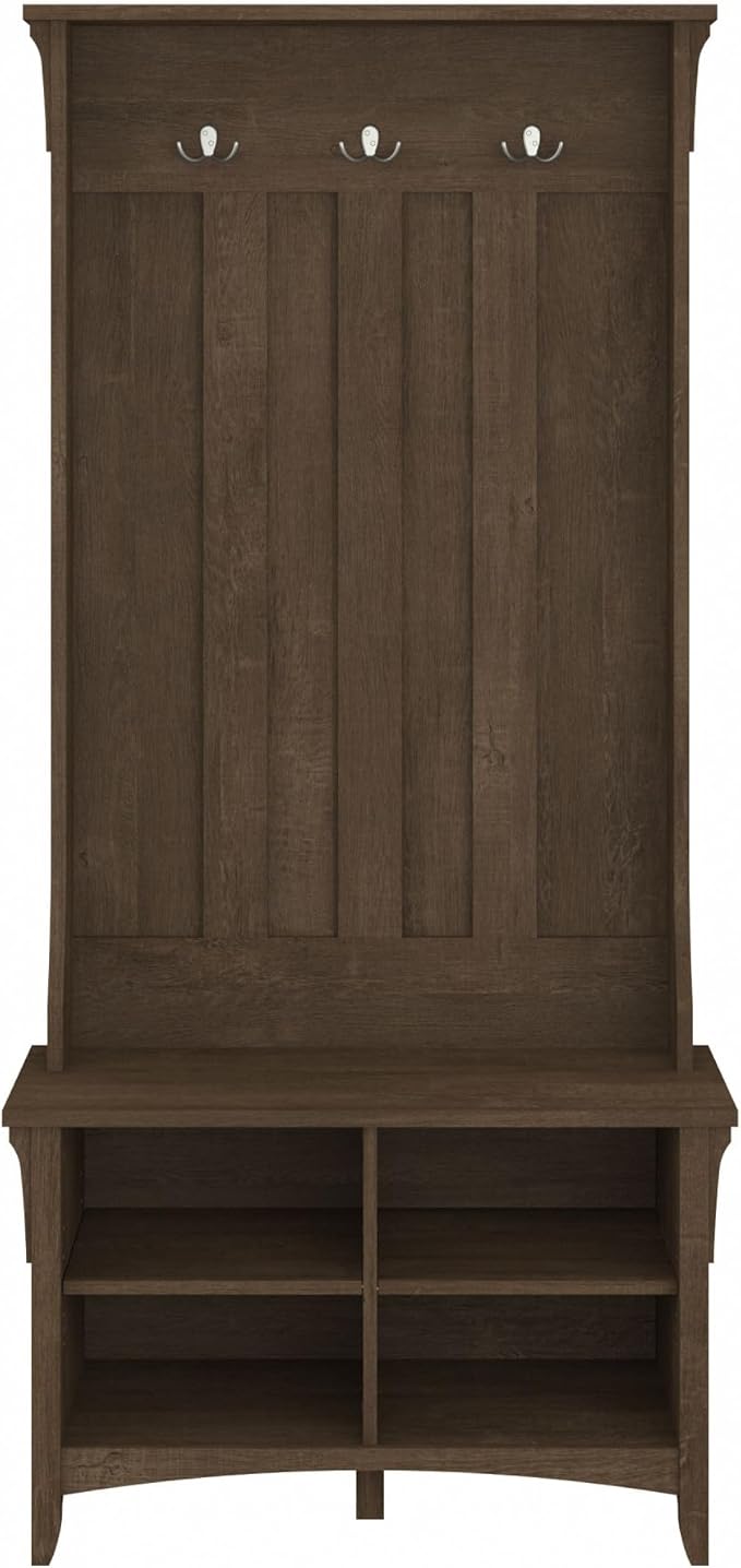 Bush Home Salinas Hall Tree with Shoe Storage Bench in Ash Brown, Multi-Purpose Home Organizer, Entryway Solution with Seating and Hooks