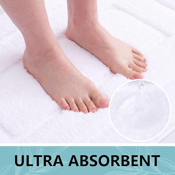 Buganda Bathroom Rugs, 44" x 24", Soft and Absorbent Microfiber Bath Rugs, Non-Slip Shaggy Shower Carpet, Machine Wash Dry Bath Mats for Bathroom Floor, Tub and Shower, White