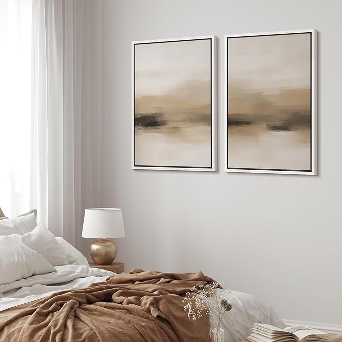 MUDECOR Framed Canvas Print Wall Art Abstract Neutral Beige Contemporary Minimalist Landscape Illustrations Modern Art Decorative Bohemian Colorful for Living Room, Bedroom, Office - 24"x36"x2 White