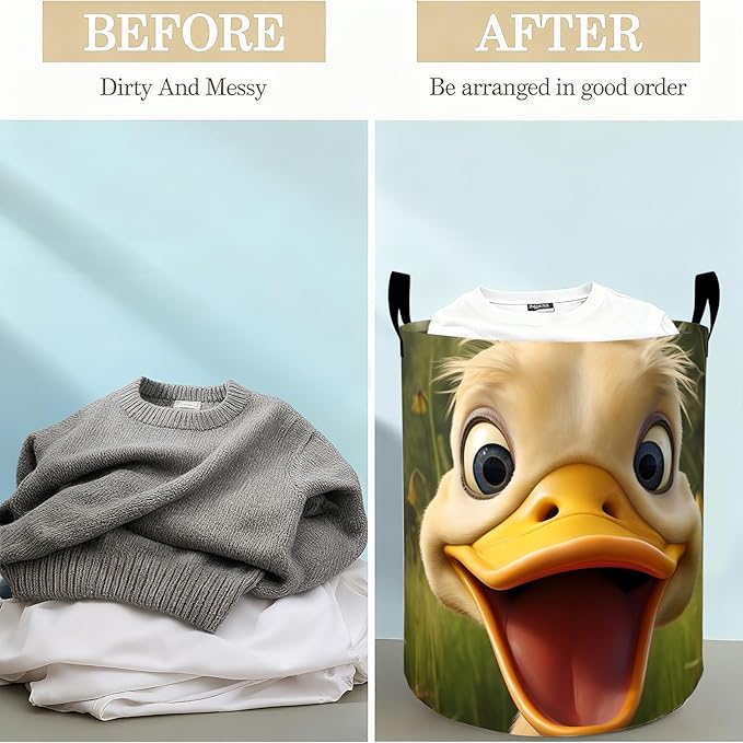Funny Duck Laundry Basket Hamper for Boys Girls Kids Adults, Foldable Waterproof Oxford Clothes Storage Bin, Cute Cartoon Farm Animal Organizer for Bedroom Bathroom Room Decor 19.7"x15.8"