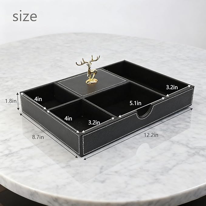 Jewelry Trays Nightstand Organizer, Valet Tray for Men and Women, Tray Organizer, Dressing table Storage box, Dark Brown Faux Leather, 5 Compartment