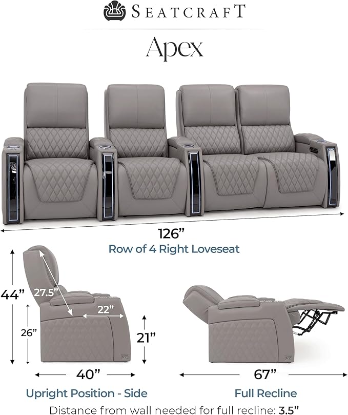 Seatcraft Apex Zero-Gravity CoolZero Italian Leather Home Theater Seating, Powered Headrest, Powered Lumbar, Powered Recline, Row of 4 Right Loveseat, Gray