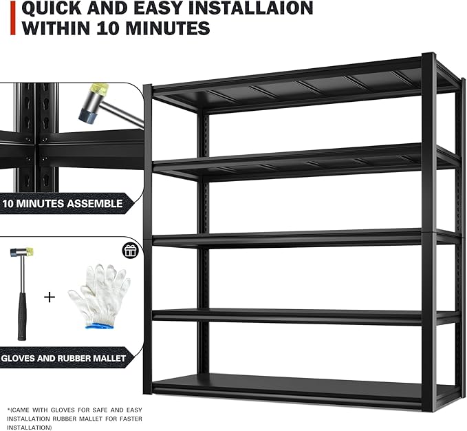REIBII 48.2" W Garage Shelving, Metal Shelving 3000LBS, Storage Shelves Adjustable Metal Shelf, Industrial 5 Tier Shelves for Basement Pantry Warehouse Supermarket, 72.2" H x 24.2" D x 48.2" W