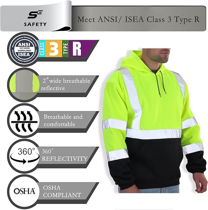sesafety Class 3 Hi-Vis Hoodie for Men, Reflective Safety Sweatshirt, Black High Visibility Hooded Pullover