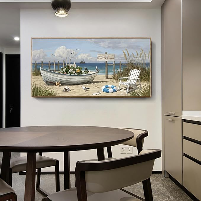 amatop Coastal Farmhouse Wall Art – Large Framed Modern Beach & Ocean Landscape Canvas Print, Nautical Elements for Living Room, Bedroom & Office Decor (58×29 Inch)