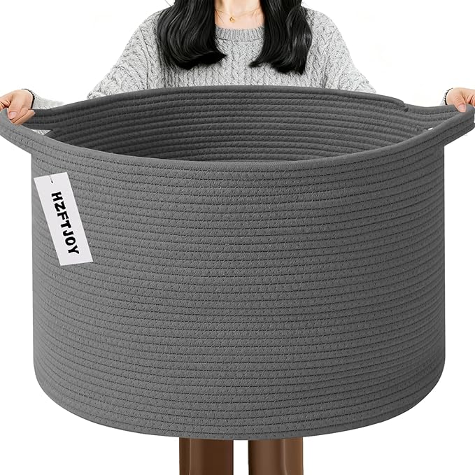Large Storage Basket with Handle,19.7" L x 19.7" W x 13" H Blanket Basket Storage Bins for Organizing,65L Cotton Rope Woven Baskets for Living Room, Nursery ,Bedroom,Dark Gry