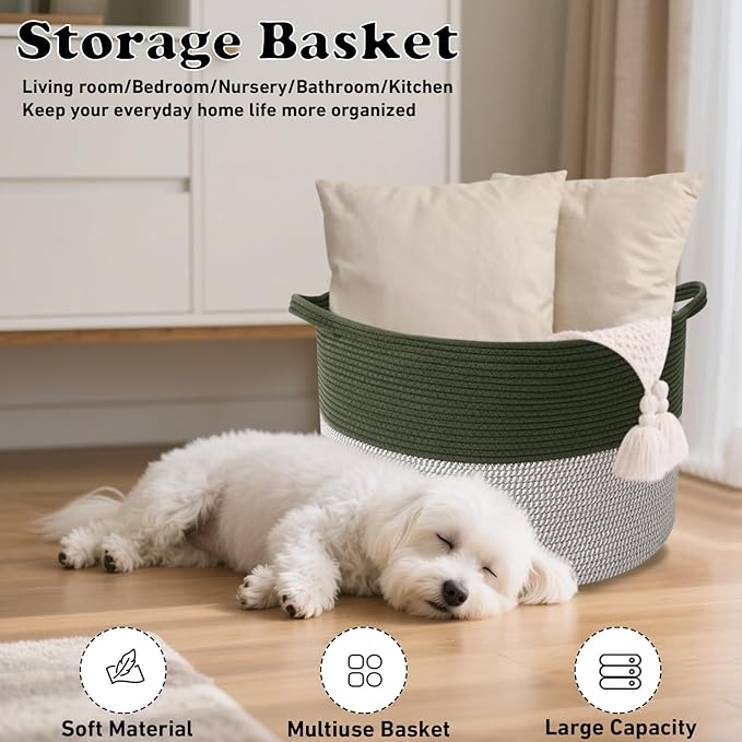 Large Storage Basket with Handle,19.7" L x 19.7" W x 13" H Blanket Basket Storage Bins for Organizing,65L Cotton Rope Woven Baskets for Living Room, Nursery ,Bedroom,Green&White