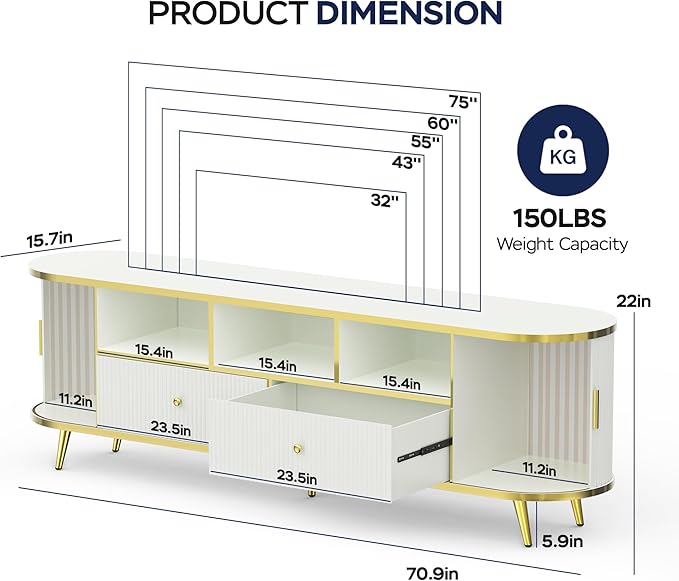 70 inch Fluted TV Stand, Luxury Modern TV Console & Media Entertainment Center for Living Room with Curved Profile, 2 Drawers, Storage Cabinet, and LED Lights, White, Holds TVs Up to 80"