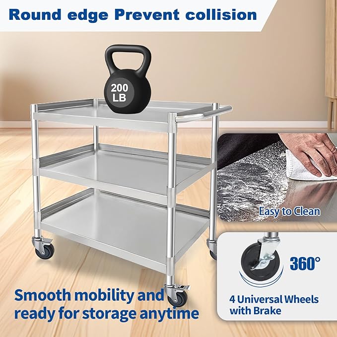 3-Shelf Stainless Steel Rolling Utility Cart - Heavy-Duty Metal Mobile Storage with Handle & Locking Wheels - Ideal for Kitchen, Medical, Lab, Restaurant & Home Use (19''x31''x34'')