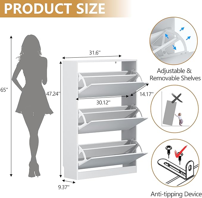 Shoe Cabinet with 3 Flip Drawers, 47" Slim Hidden Wood Shoe Storage Cabinet with Adjustable Shelf, Freestanding Narrow Shoe Rack Organizer for Entryway, Hallway, White