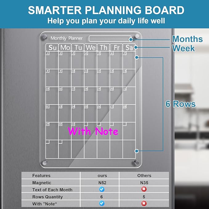 Acrylic Magnetic Calendar for Fridge, 16"x12" Inches Clear Acrylic Magnetic Dry Erase Planning Board of Monthly Calendar for Refrigerator with 6 Colored Markers