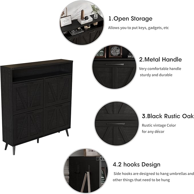 Shoe Cabinet with 4 Flip Drawers,Farmhouse Shoe Storage Cabinet for Entryway,Narrow Freestanding Organizer Rack with Open Shelves for Foyer,Hallway,Black