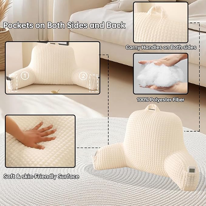 Reading Pillow for Sitting in Bed, Large Backrest Reading Pillow with Arm Rest,Back-Rest Support Cushion for Sit Up on Couch, Sofa, and Floor, Dorm Essentials (Cream Flannel, Standard(17inch))