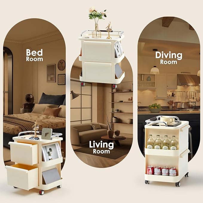2-Tier Rolling Cart with Drawers - Mobile Storage Rolling Cart with Open Shelves, Lockable Casters, Multi-functional storage for Kitchen, Bathroom, Craft, Bedroom, Beige