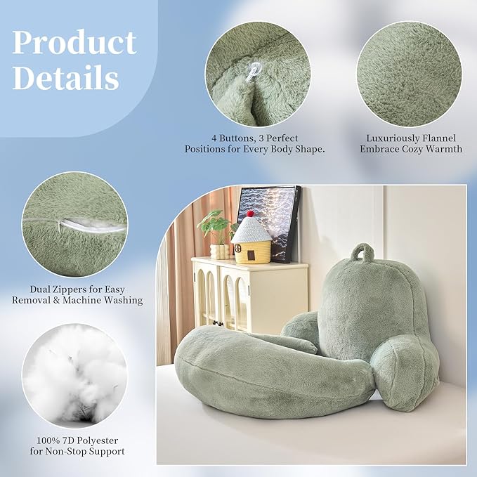 Reading Pillow for Bed,U Shaped & Back Support Pillow for Bed,19" Backrest with Lumbar & Arm Support,Luxurious Faux Rabbit Fur,Gaming PillowFor Crochet/Reading/Watching TV,Green