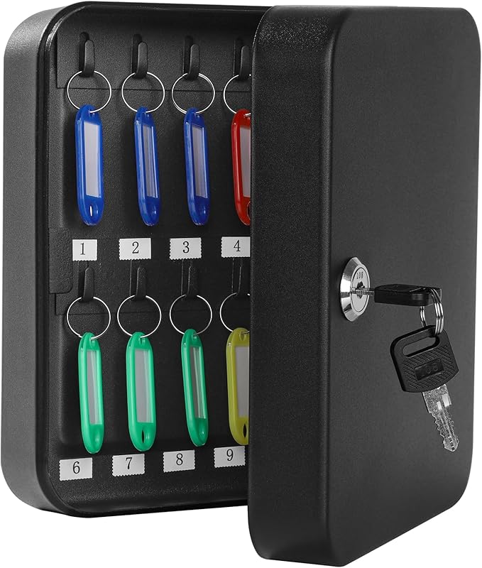 KYODOLED Key Cabinet Wall Mount, Locking Key Box Organizer, Key Lock Box with Key, Key Holder Lock Box for Wall, 20 Key Hooks & Tags Key Lab,7.8"x6.3"x3.14" Black