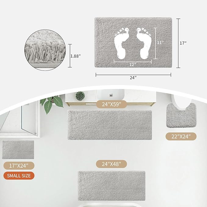Small Bathroom Rug 17x24 Non Slip Gray Fluffy Bath Mat for Bathroom Floor Washable Plush Luxury Bath Rug for Tub Soft Shaggy Absorbent Shower Mat