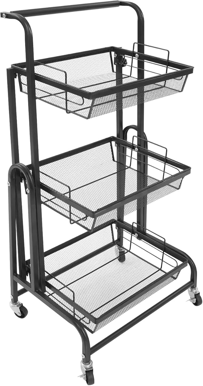 3 Tier Rolling Utility Cart with Wheels, Metal Rolling Foldable Storage Shelves, Adjustable Tilt Angle Storage Organizer for Living Rooms, Kitchens, Bathrooms (Black)