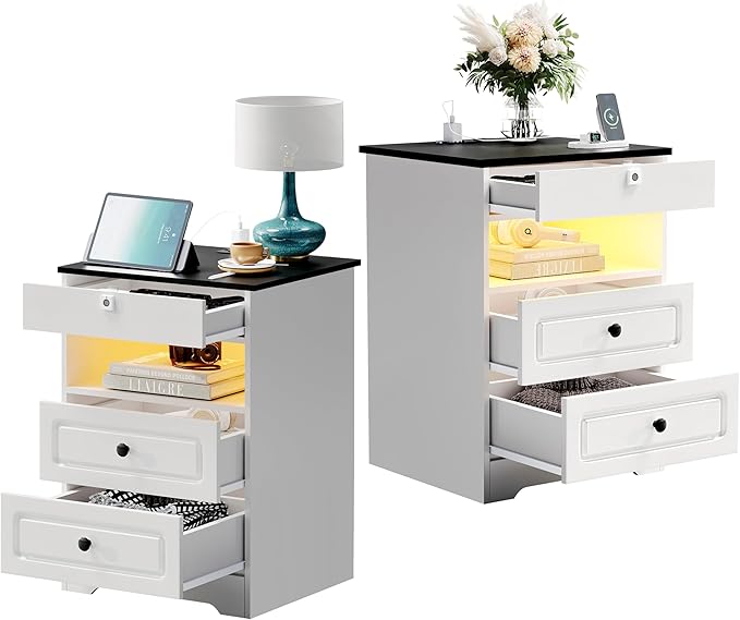 Night Stand Set 2 with Charging Station,Bedside Table with Gun Drawer,Farmhouse End Table and Nightstand,Small SideTable for Bedroom (White-with Gun Drawer, 2-Pcs)