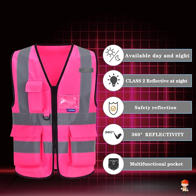 A-SAFETY Pink Safety Vest with Pockets Hi Viz Zipper Front Working Safety Vest with Reflective Strips, Multiple Colors Available,Large