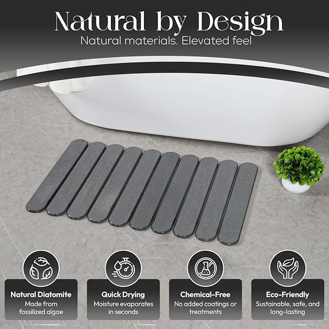 Large Stone Bath Mat (28" x 19") – Foldable Diatomaceous Earth Bath Mat for Bathroom – Quick Dry, Super Absorbent, Non-Slip, Easy to Clean – Spa-Inspired Design – Orkvane – Mineral Grey