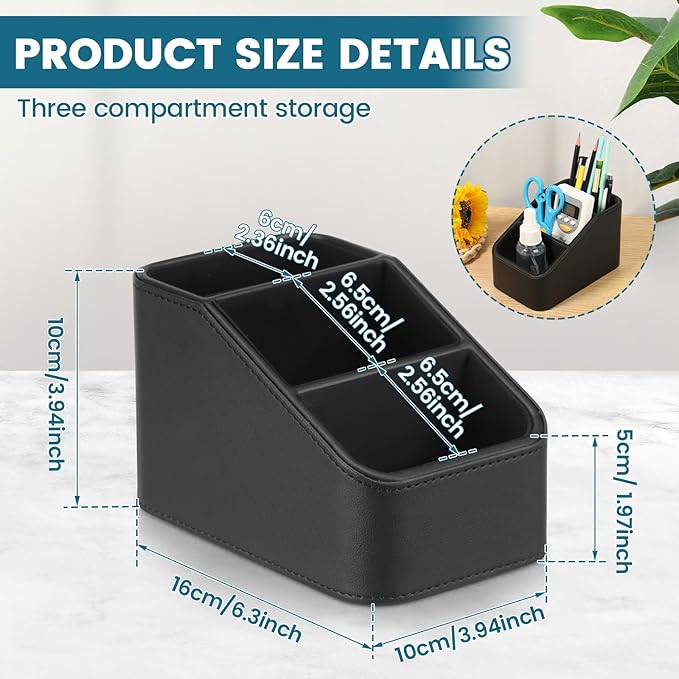 PU Remote Control Holder, Small Desk Organizer Office Supply Bedside Caddy for Nightstand End Table Remote Organizer with 3/4 Compartment (Black)(3 grids)