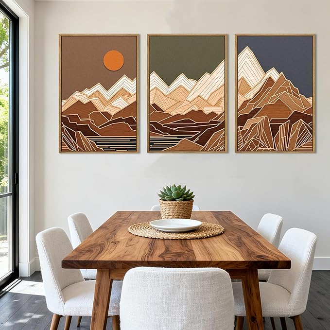 IARTTOP Large Mountain Framed Canvas Wall Art 16x24 Inch Set of 3 Abstract Mountain Woodcut Wall Decor for Living Room Bedroom Office
