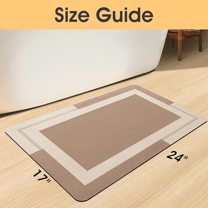 ACCUMTEK Ultra Thin Bath Mat, Upgrade Backing Non Slip Thin Bath Mats Fit Under Door, Quick Dry Ultra Absorbent Bathroom Rugs, Machine Washable Bath Rugs for Bathroom, Bathtub, Taupe/Bordered/24 x17
