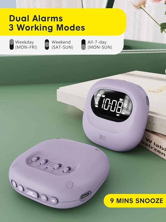 ROCAM Vibrating Alarm Clock for Heavy Sleepers, Rechargeable 3000mah Portable Deaf Clock Bed Shaker for Bedroom Or Dorm, Dual Alarm 160-Day Standby Mini Alarm Clock for Teens, Adults, Purple