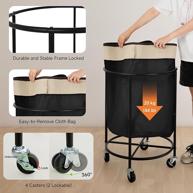 StorageWorks 52.8-Gallon(200L) Rolling Laundry Hamper, Heavy-Duty Round Laundry Basket with Wheels and Removable Bag, Hamper for Laundry Room Organization and Storage, Bathroom, Bedroom, Black
