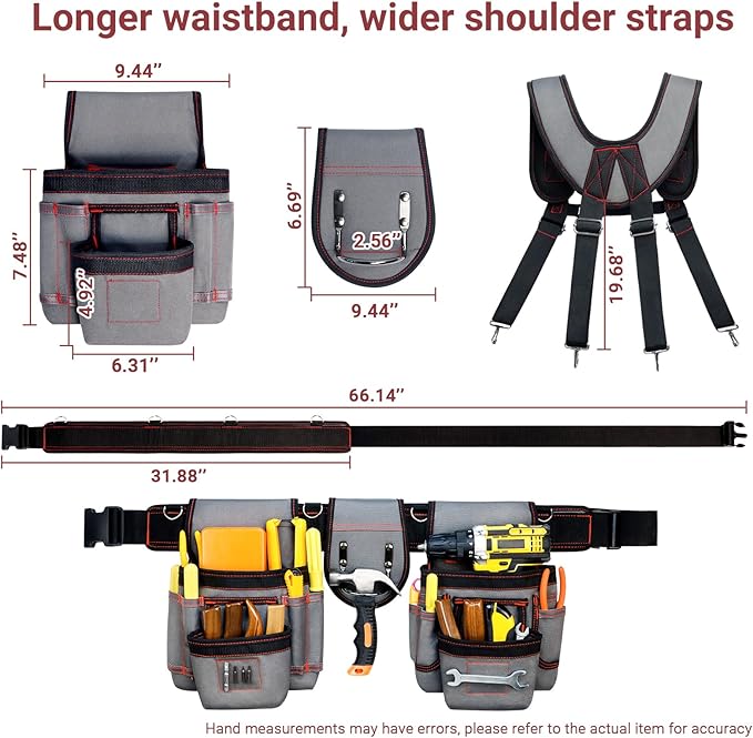 Tool Belt With Suspenders, Heavy Duty Magnetic Tool Belts for Men with 18 Pockets, Tool Belt with Adjustable 32 to 66 Inches Detachable Waist for Electricians, Carpenters, Framers, Grey